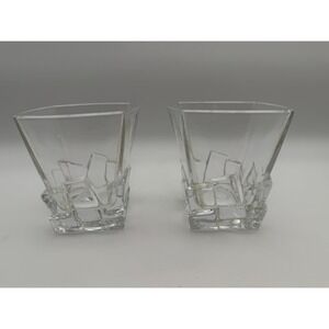 Pair of Modern Geometric Ice Cube Base Whiskey Glasses Clear Square Barware Set